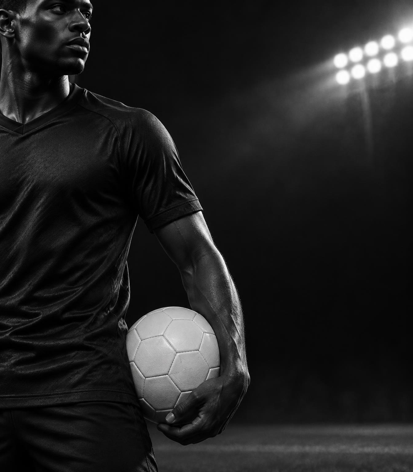 Footballer holding a ball in dramatic stadium light